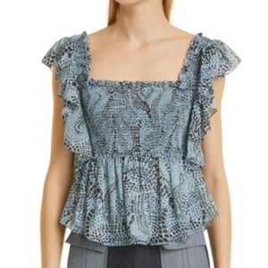 NWT Cinq a Sept  Anabelis Smocked Ruffle Top in Rain Cloud Multi Sz. XS